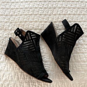 HALOGEN Rosina Black Suede Laser Cut Wedge Sandals, Sz 9.5